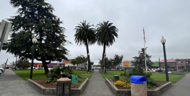 Wide view of Arcata Plaza with back to Hotel Arcata